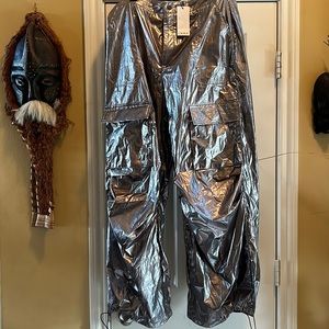 TRENDING!!!!!New with Tags Metallic Silver Cargo Pants with Ankle ties